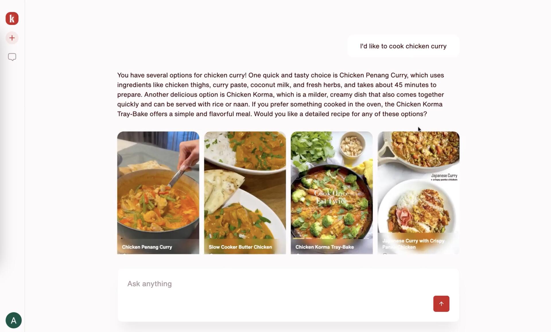 Streaming chat response suggesting chicken curry recipes with photo cards
